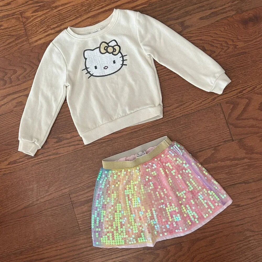 Hello Kitty Girls Size 5 Size 6 Fleece Sweatshirt Matching Sequin Skirt Outfit